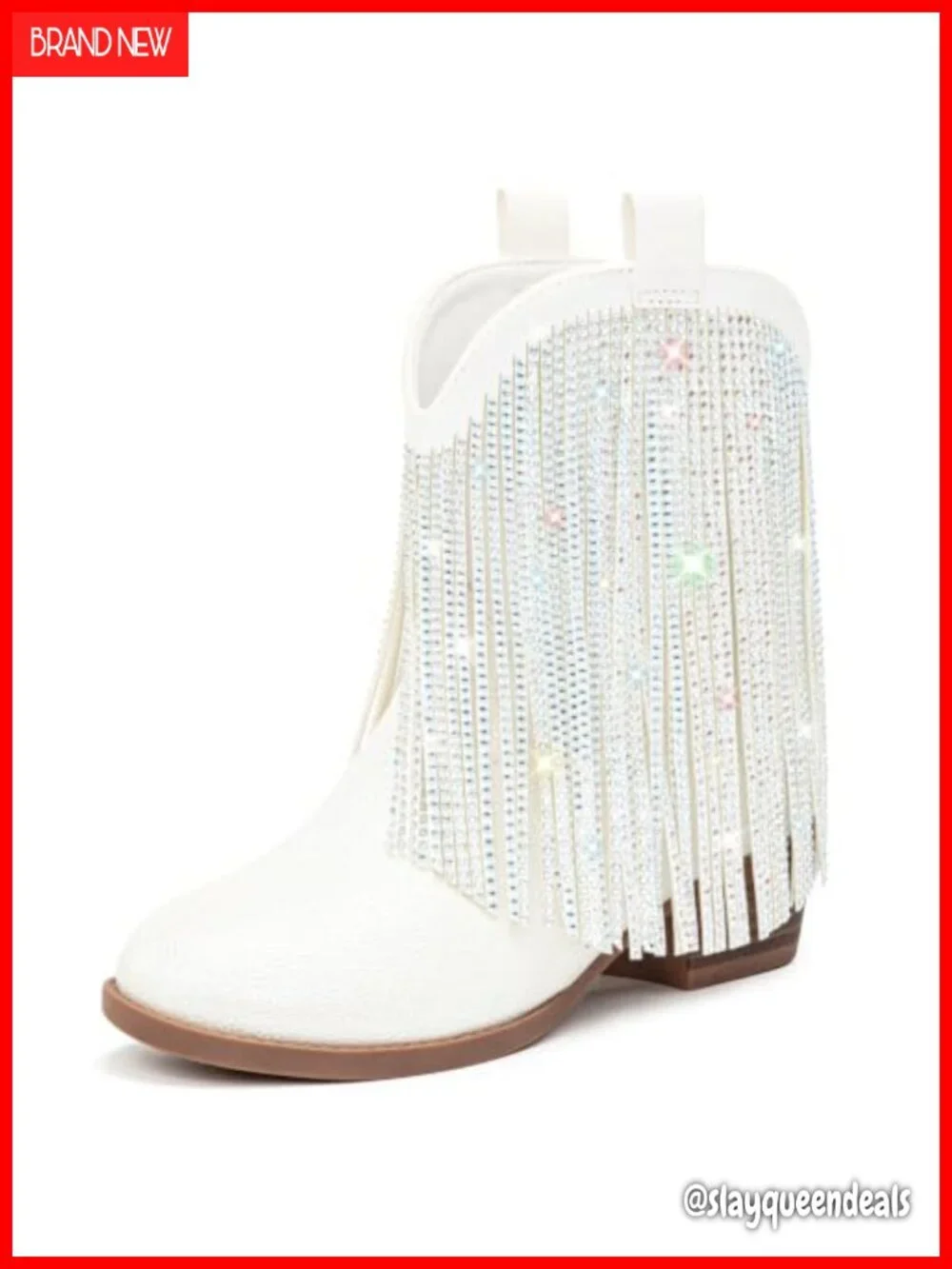 Girls Cowboy Boots with Rhinestone Fringe Low Block Heel Pull-On